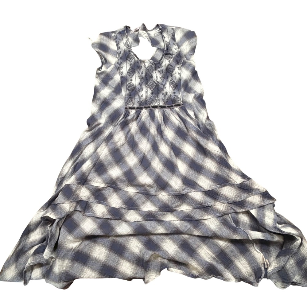 Free People Blue Plaid Embroidered Tiered High Low Midi Dress‎ Womens Medium